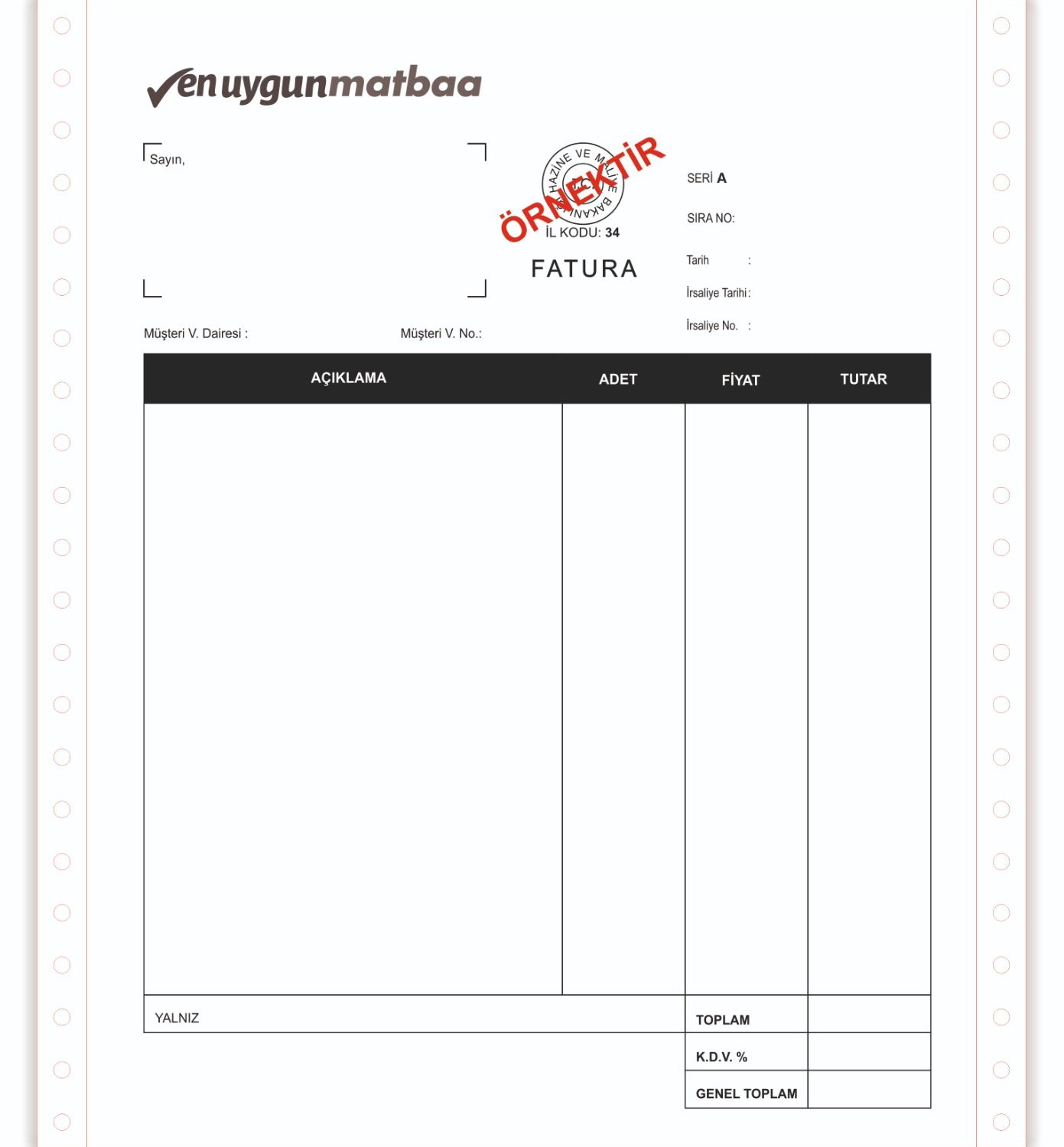 Sürekli Form Fatura 11 inç. Tek Renk