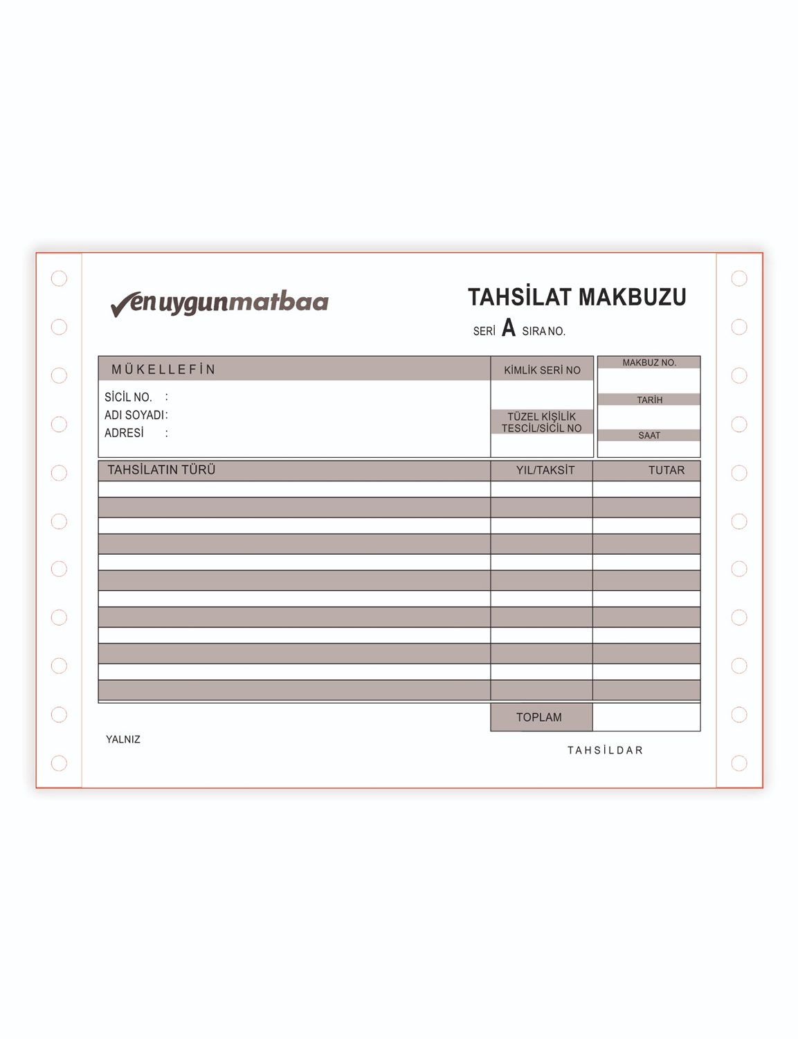 Sürekli Form Tahsilat Makbuzu 5,5 inç. Tek Renk