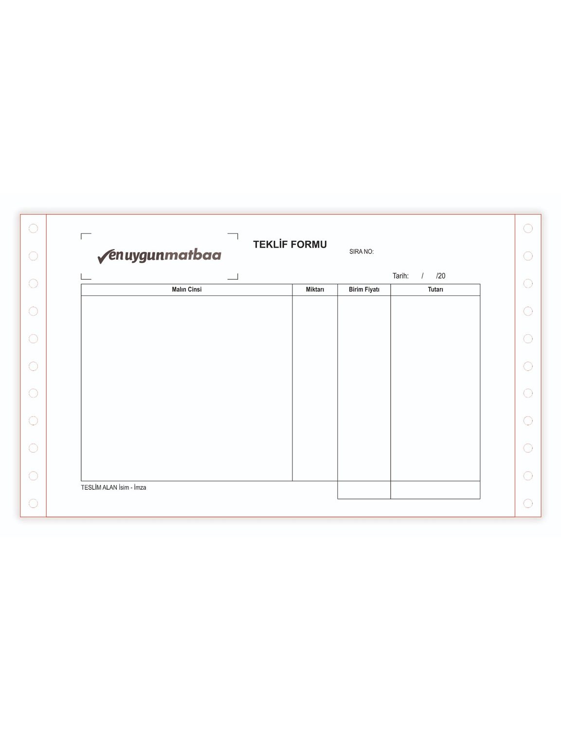 Sürekli Form Teklif Formu 5,5 inç. Tek Renk